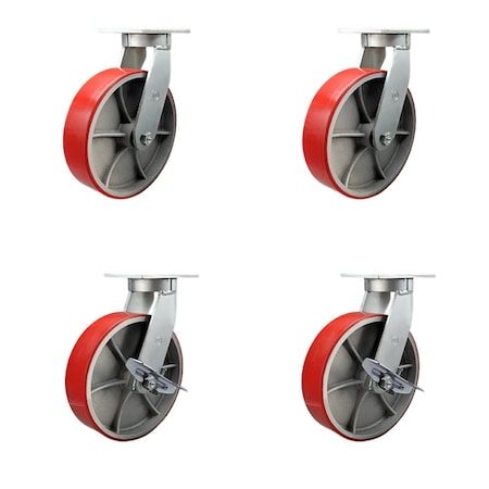 Service Caster 10'' Heavy Duty Red Poly on Cast Iron Wheel Swivel Caster Set with 2 Brakes, 4PK CRAN-SCC-KP92S1030-PUR-RS-2-SLB-2